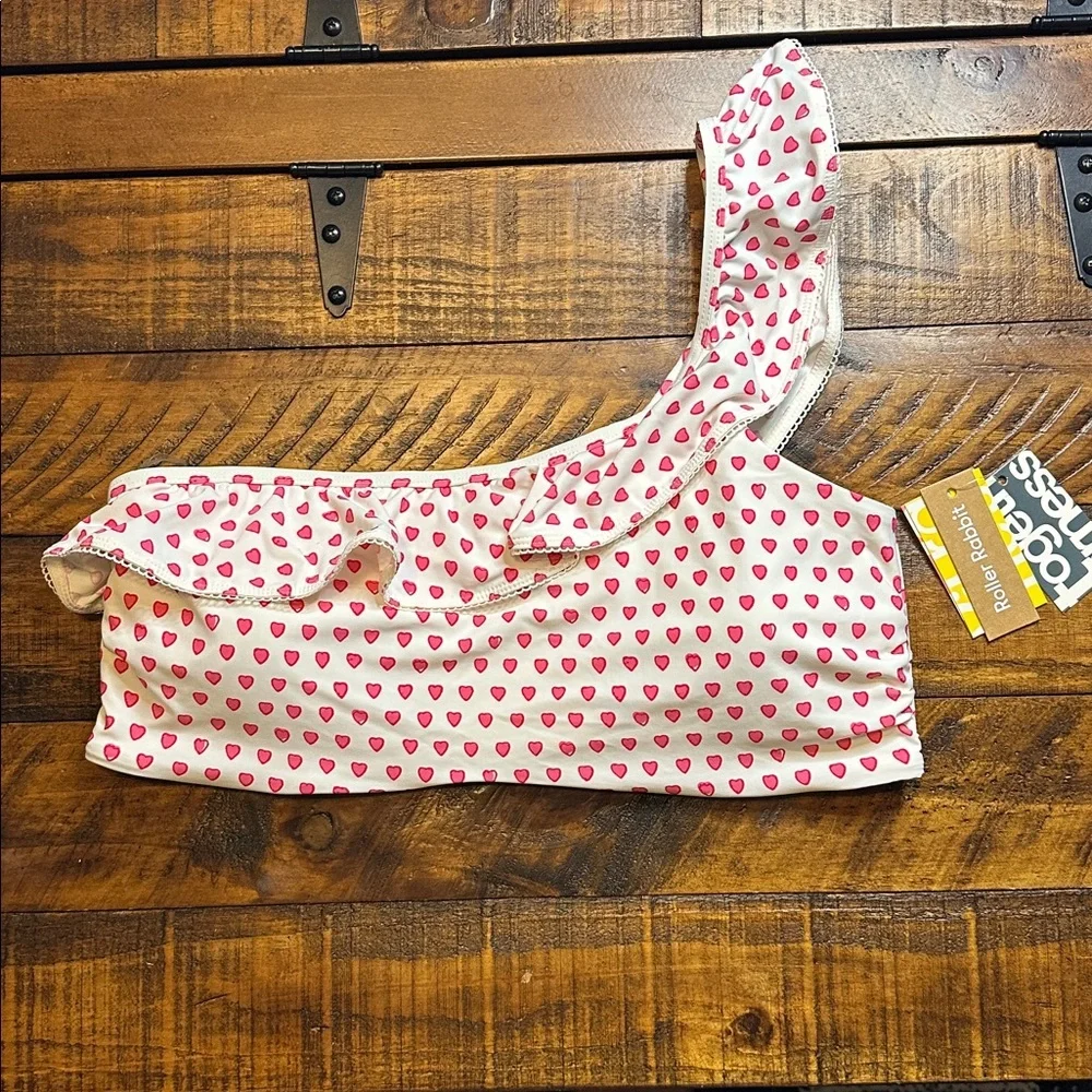 NWT Roller Rabbit One Shoulder Ruffle Bikini Top - Pink Hearts - XL - women’s